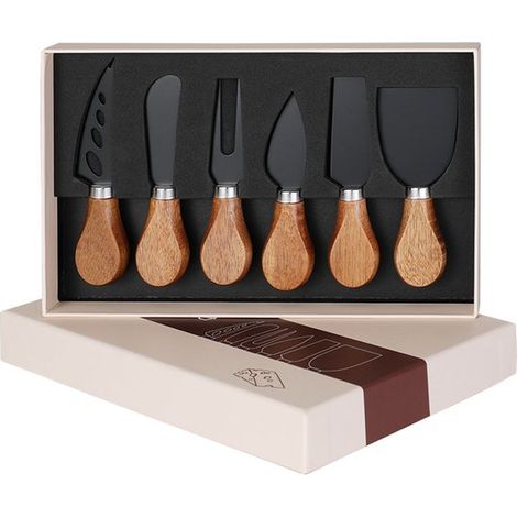 Set di 6 coltelli da formaggio, lama in acciaio inossidabile, manico in legno di acacia, set regalo, posate da formaggio di alta qualità, include affettatrice per formaggio. (1/5)