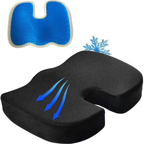 Coussin siège mousse mémoire forme noire bureau, gel rafraîchissant soulage sciatique coccyx lombaire, pour bureau, voiture, avion (1/5)