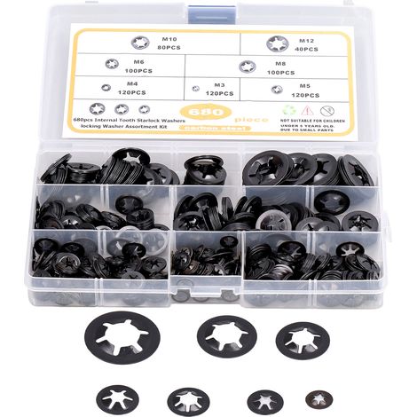Lot complet de 680 rondelles Starlock plates, blocage denté interne, acier carbone M3 à M12. (1/5)