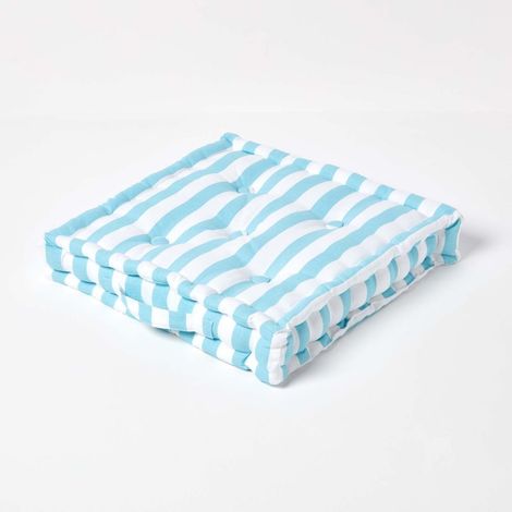 HOMESCAPES Cotton Blue Thick Stripe Floor Cushion, 40 x 40 cm