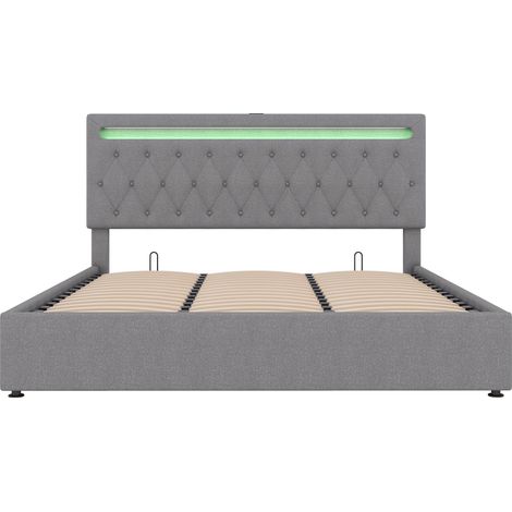 CAIziLit 180x200 plateforme rembourré coffre hydraulique LED USB, gris (1/5)