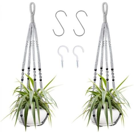 Suspension pour plantes d'intérieur en corde de coton grise, 85 cm, avec perles en bois, pour décoration intérieure, sans crochets, 2 paires