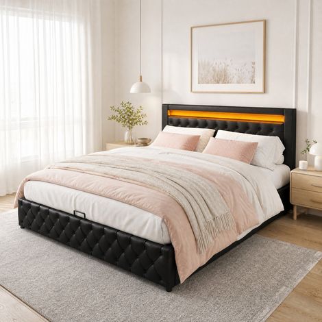 Lit capitonné 140 x 190 cm avec sommier à lattes, rangement hydraulique et LED, noir, PU (1/5)