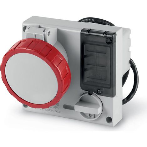 Prise socle à encastrer verrouillable 3P+T 32A femelle rouge 380-415V 50-60Hz 136x125mm avec porte-fusible 6H étanche IP67 OMNIA