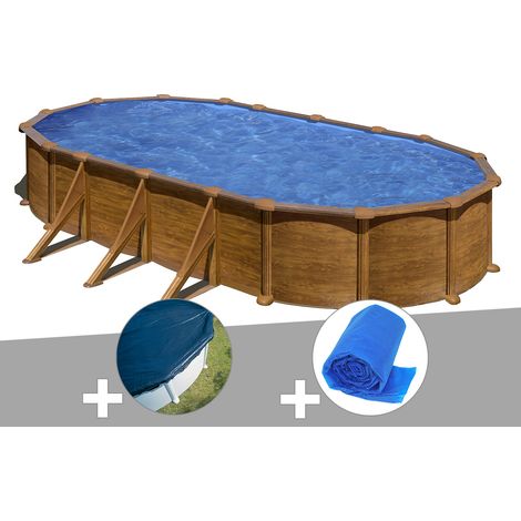Kit piscine acier aspect bois Gré Mauritius ovale 7,44 x 3,99 x 1,32 m + Bâche hiver + Bâche à bulles