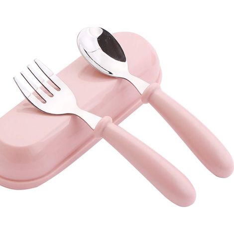 Fourchettes et Cuillères, Set De Couverts Bébé en INOX Ensemble Fourchette et Cuillère Couvert Apprentissage Bebe (Rose) (1/5)