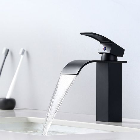 Mitigeur Robinet de Lavabo Cascade Moderne Salle Bain pour Vasque à Poser Robinetterie Convient un Encastré Noir (1/4)