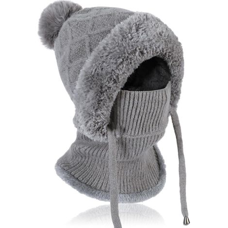 Strickmütze Damen 3-in-1 Thermo Winter mit Fleece, Sturmhaube & Halswärmer, Grau (1/5)