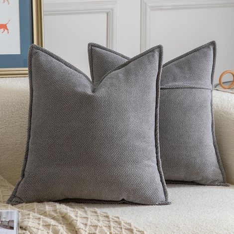 Lot de 2 Housses de coussin, Chenille, Bordure décorative, Fermeture éclair, Canapé Chambre Salon, Gris Foncé 45x45 cm