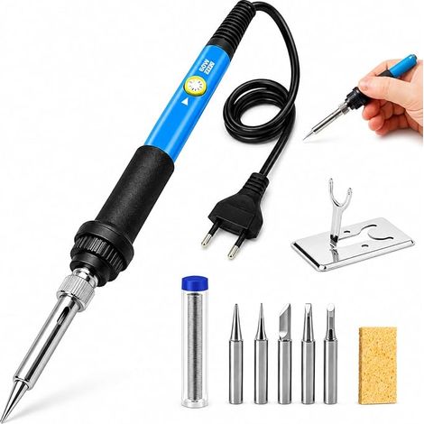 Soldering Iron 60W Adjustable 392-842°F 9 Piece Soldering Kit with Ceramic Heater, 5 Tips, On/Off Switch and Indicator Light for Electronic Repair and DIY (1/5)