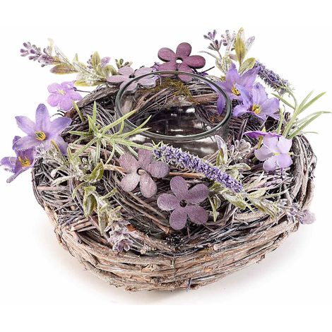 Centrotavola in legno con vasetto portacandela in vetro e fiorellini artificiali lavanda, set da 2 pezzi, Ø 16 cm X 10,5 H