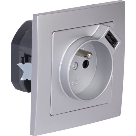 Prise + USB A encastrés + plaque de finition Kalya - Argent - (1/5)