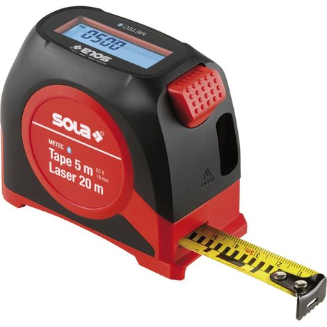 SOLA Metec Rollbandmaß Laserentfernungsmesser, Maßband, Laser, Messgerät, vielseitige Messungen, ABS/TPE, 5m/20m, IP54, Bluetooth, LCD-Display, inkl. Batterien, Gürteltasche