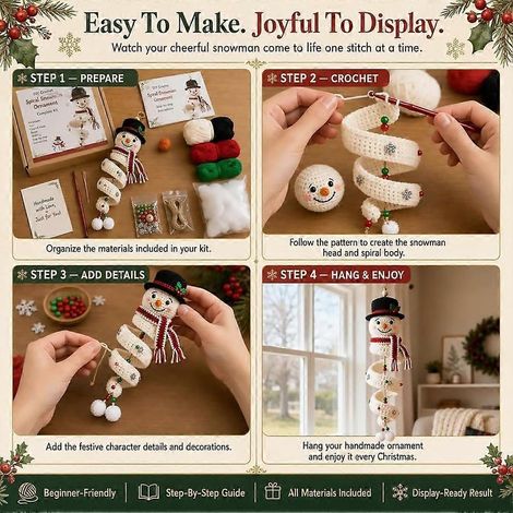 Kit de bricolage pour décoration de Noël au crochet : bonhomme de neige en spirale, sapin de Noël, idéal pour les fenêtres et les murs. (1/4)