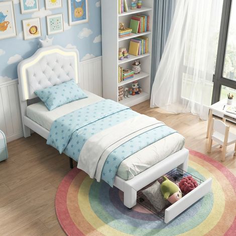 Letto singolo 90x200 cm, letto per bambini, con illuminazione LED e cassetti contenitore, testiera a corona regolabile, stile moderno principessa (90x200 cm, bianco)