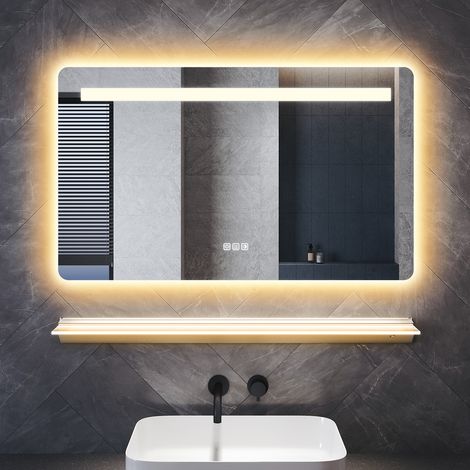 SONNI 100×60cm LED Badezimmerspiegel mit Beleuchteter Ablage & Bluetooth, Quadrat Anti-Beschlag Spiegel mit Doppel-LED-Beleuchtung 3 Einstellbare Lichtfarben
