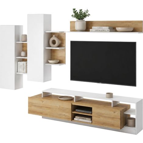 Parete Attrezzata Kanapa, Mobile Soggiorno Modulabile, 12 Ripiani, 20 Vani, Marrone Rovere