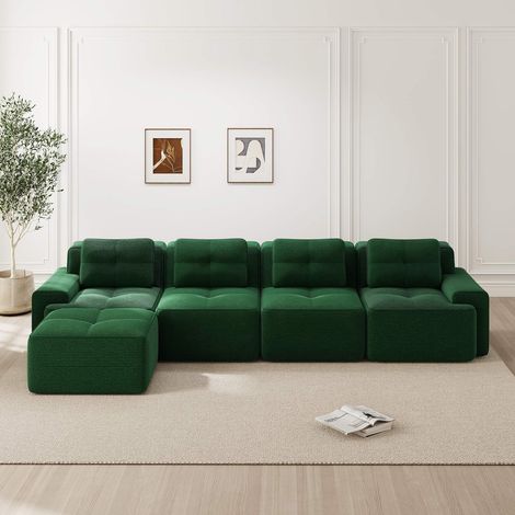 Canapé modulable 4 places vert en velours côtelé, canapé d’angle L avec méridienne, sofa Cloud grande profondeur d’assise, sans montage, base antidérapante (1/5)