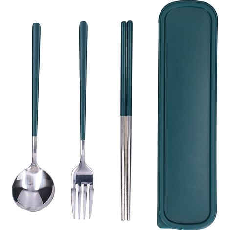 Lot de 3 couverts en acier inoxydable vert et argent : baguettes, cuillère, fourchette pour cuisine et bureau