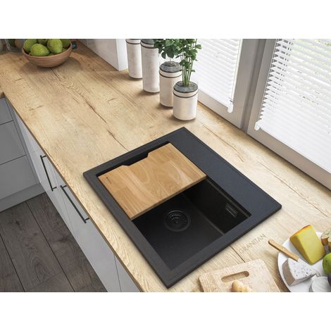 Granitan Évier en granit noir avec particules d'or 1 bac Foxal (1/5)