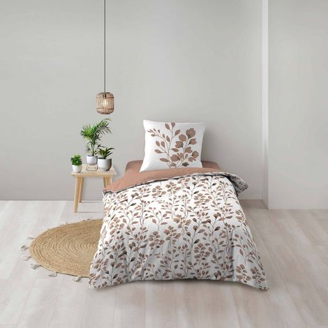 Housse de couette 140x200 cm + taie - 57 fils - Feuillage - Rose
