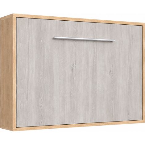Lit escamotable horizontal avec étagères intérieures BIBLO - Poignée acier brossé 89cm Matelas mousse 18 cm Chêne clair-Avec matelas-90x200-Cadre Chêne clair-Façade Chêne gris (1/5)