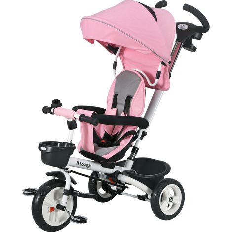 Tricycle enfant 6 en 1 barre poussée capote harnais panier rangement rose 18 mois+