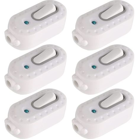 Interrupteur bipolaire en ligne 6A, lot de 6, plastique PC robuste avec voyant LED, connexion fil L/N sécurisée pour lampe et petit appareil (1/5)