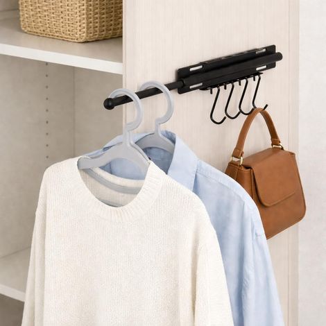 Tringue Penderie Extensible Noire avec 4 Crochets – Support Mural Gain de Place pour Armoire, Salle de Bain (1/5)
