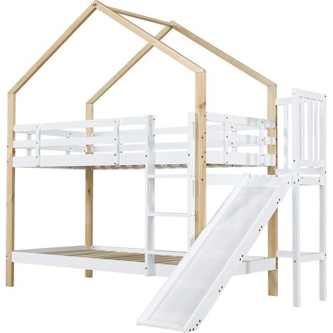 Lit superposé enfant avec toboggan et échelle 3 marches bois MDF 90x200 cm blanc naturel (1/5)