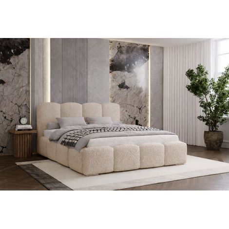 Lit rembourré 140x200 Zenna - bouclé, lit adulte avec rangement, sommier - Beige (Lambi 6)