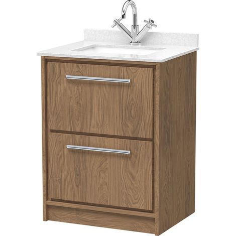 Longnor 2 Drawer Floor Standing Vanity Unit with Square Basin and Marble Worktop, Antique Oak, 600mm