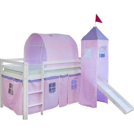 Letto soppalco 90x200 cm con scaletta scorrevole in legno bianco e tela rosa inclusa LIT06107