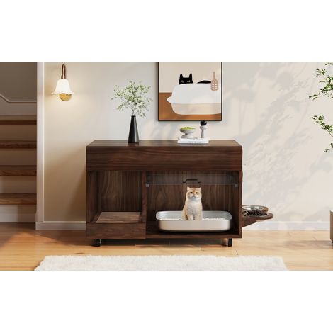 Meuble cache-litière pour chat mobile, 2 gamelles, bac récupérateur, noyer HAVRYA (1/5)