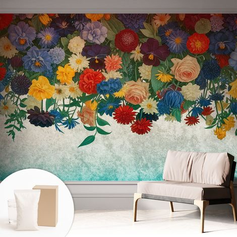 Tapete Vliestapete mit Kleber - Fototapete mit Motiv - Wandtapete modern - Wandgestaltung Bunte Blumen 312x219 cm (1/5)