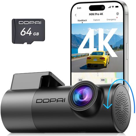 Mini Pro 4K Dashcam Voiture, Caméra Rotation à 360°, Carte 64Go Incluse, Vision Nocturne, Surveillance Stationnement 24h, 5.8G WiFi 6, Enregistrement Boucle, Contrôle des App, Supercondensateur (1/5)