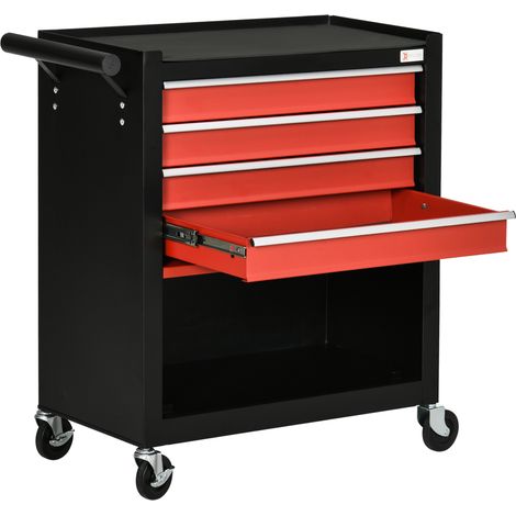 Carro de herramientas con ruedas, 4 cajones, compartimento de almacenamiento y asa lateral, 69x33x75 cm, negro y rojo