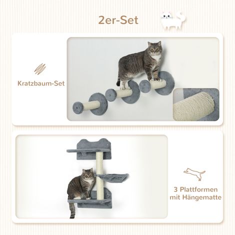 Set d'escalier mural pour chat, 4 pièces, avec arbre à griffer, hamac, gris et blanc cassé, 40 x 28 x 73 cm (1/5)