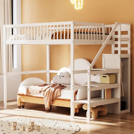 Lit mezzanine 140x200 avec escalier, lit enfant en bois blanc avec étagère de rangement, armoire simple (1/5)