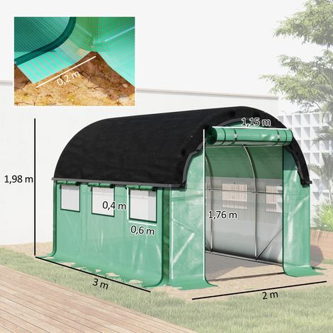 Serre tunnel 3x2x2 m, abri de jardin en polyéthylène avec 6 ouvertures, portes à enroulement, parois latérales relevables, tunnel anti-UV pour tomates, résistant hiver, fixation au sol incluse, vert (1/5)