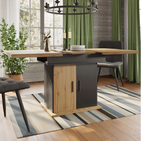 Mesa extensible de comedor 110-140 x 80 cm con almacenaje, MDF y metal, negro y natural HAVRYA (1/5)