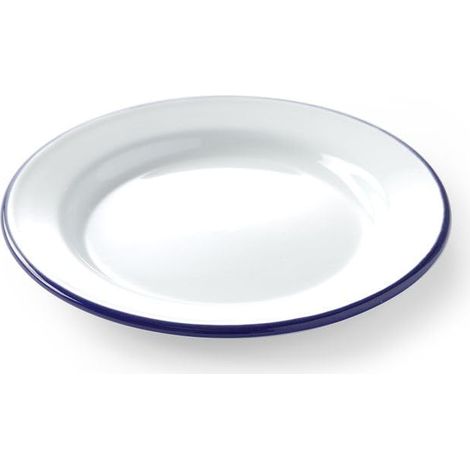 Assiette ronde émaillée blanche - Lot de 1 - Acier avec bord bleu - Résistante four et lave-vaisselle - Cuisine et pâtisserie quotidienne - Diamètre 20 cm (1/4)
