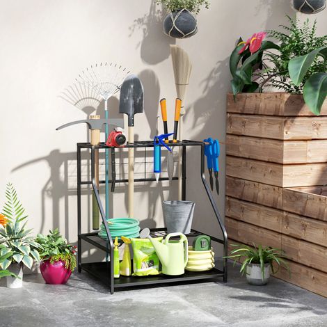 Organiseur d'outils de jardin avec crochets porte-outils de garage à 3 niveaux 84 x 53 x 73 cm orange