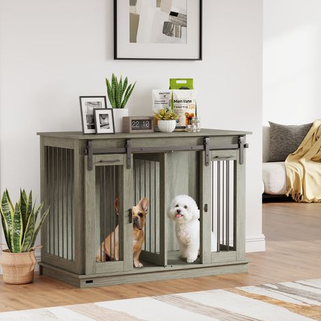 Cage de transport pour chien à 2 portes, style rustique, verrouillable, grise