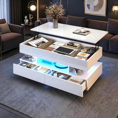 Table basse relevable, 100x50x45 cm, table de salon avec LED et 2 tiroirs de rangement, design moderne scandinave, pour salon et bureau à domicile, finition brillant, blanc (1/5)
