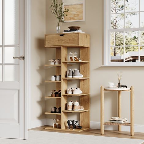 Meuble à chaussures ouvert 55x33x133 cm avec 10 compartiments, 1 tiroir, rangement vertical, panneau de particules, effet bois naturel (1/5)