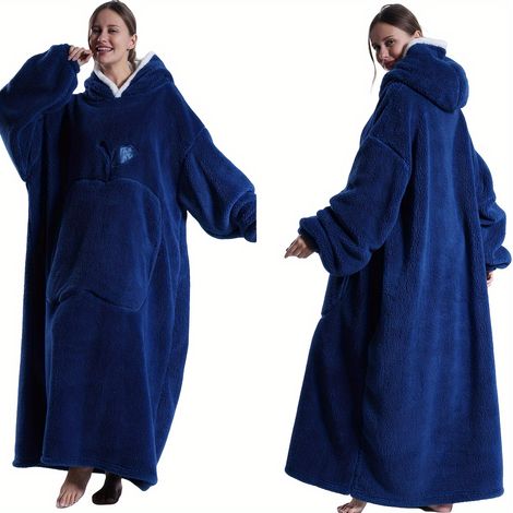 Peignoir chaud, épais et coupe-vent avec capuche Couverture en flanelle pour couples avec poche pomme, convient à une utilisation intérieure et extérieure Bleu marine long (1/5)