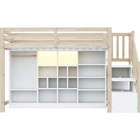 Letto a Soppalco 90 x 200 cm, Letto Singolo con LED Regolabile, Vani e Armadio, senza Materasso, Legno Bianco (1/4)