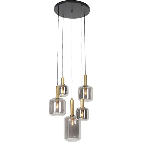 QAZQA Moderno Lámpara colgante negra con dorado y cristal ahumado 5 luces - Zuzanna Vidrio /Acero Redonda Adecuado para LED Max. 5 x 40 Watt (1/5)