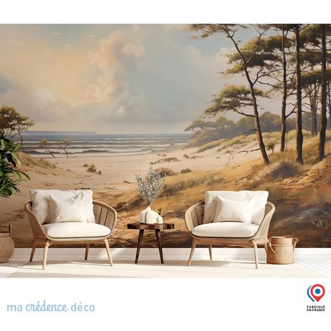 Papier peint : Plage Sud ouest, Aquarelle inspiration Turner 2 - Intissé - L.300 x H.280 cm - Vert olive foncé (1/3)